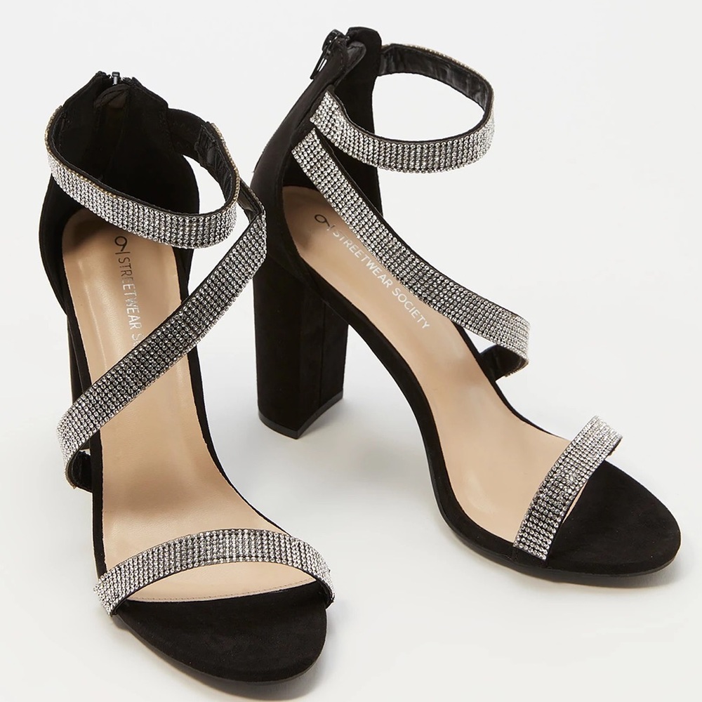 Black Rhinestone Strappy Heels